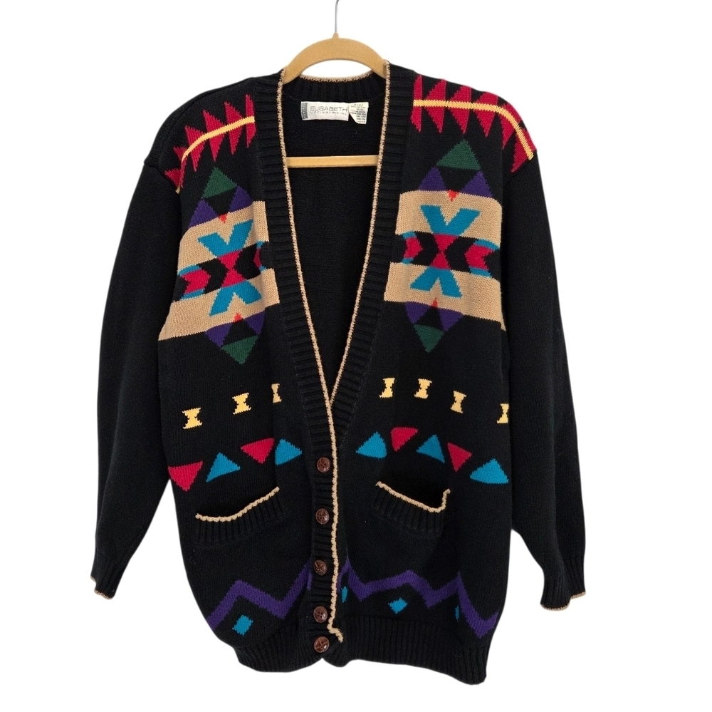 Vintage Elizabeth Liz Claiborne Aztec Western Black Cardigan Sweater L/XL Petite